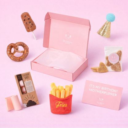 Födelsedagsbox för hund – presentbox med hundgodis och leksak

